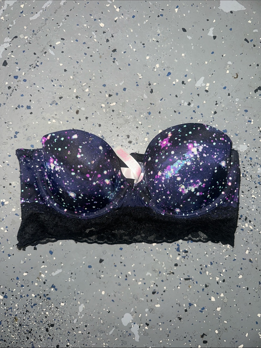 Galaxy Print Lace Longline Strapless Bra - Black & Purple
